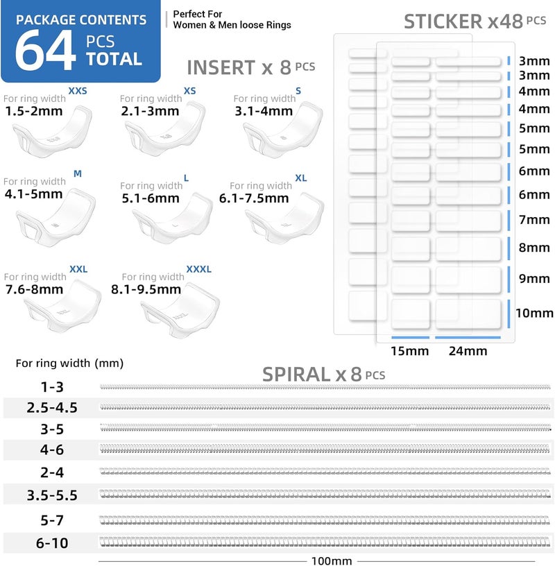Omilly Ring Sizer Adjuster for Loose Rings, 64-Piece Set with 3 Types (Spiral Coils, Ring Guards, Sizing Strips) Fits Ring Widths 1-10mm, Invisible Resizing Solution for Women & Men - Image 3